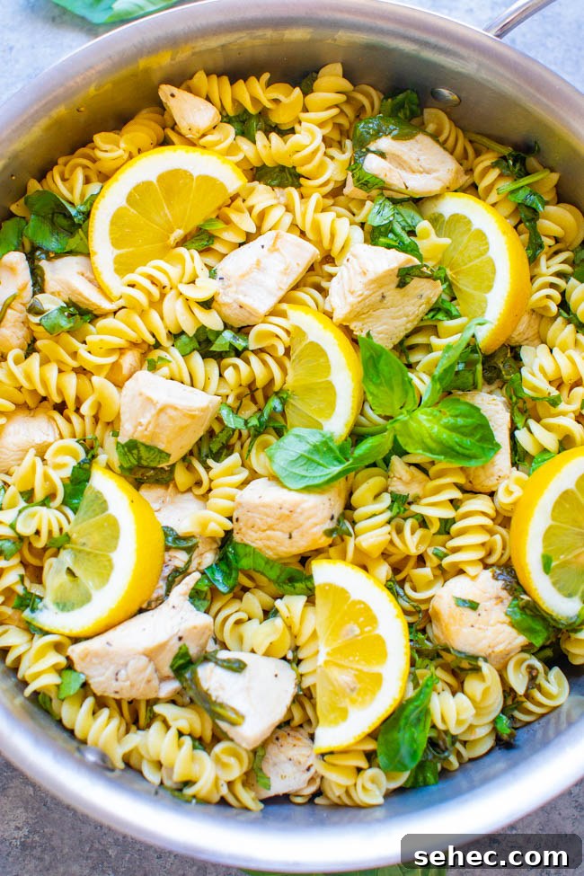 Chicken Asparagus Pasta with Tomatoes 14 A pot of Lemon Pepper Basil Chicken and Pasta topped with lemon wedges.