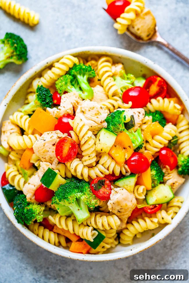 Chicken Asparagus Pasta with Tomatoes 18 A bowl of Skinny Italian Chicken Pasta Salad.