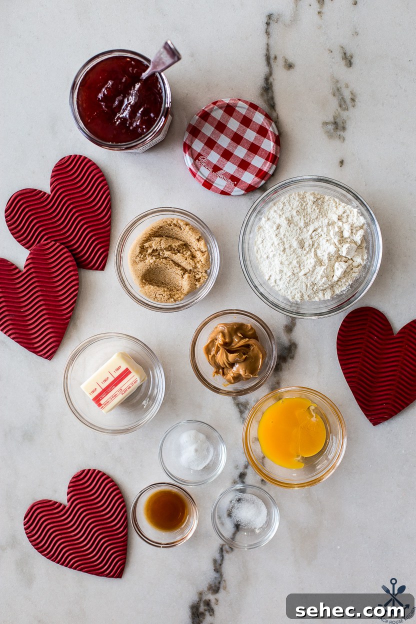 Giant Peanut Butter and Jelly Cookies for Two 4 Overhead photo of ingredients for peanut butter and jelly cookies.