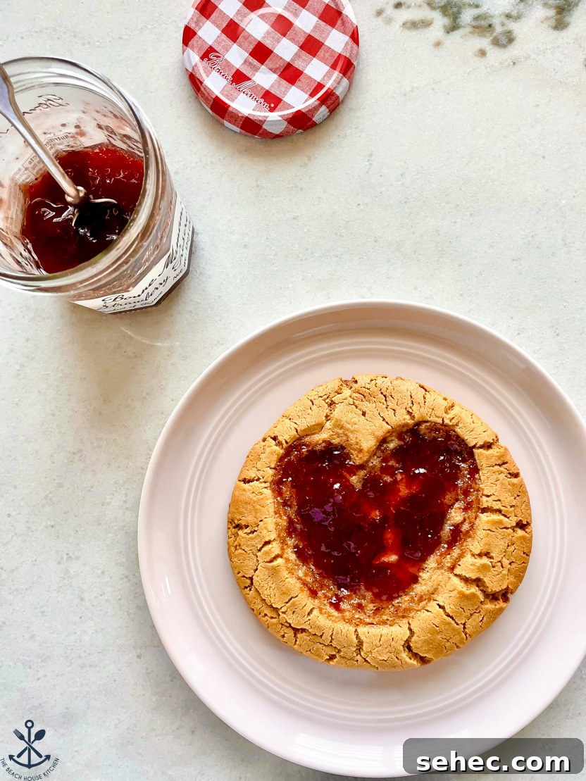 Giant Peanut Butter and Jelly Cookies for Two 8 Overhead photo of a peanut butter and jelly cookie on a pink plate with a jar of jelly off to the top left side