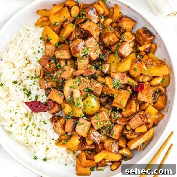Yaki Udon Stir Fried Noodles 19 Kung pao tofu with rice in a white bowl.