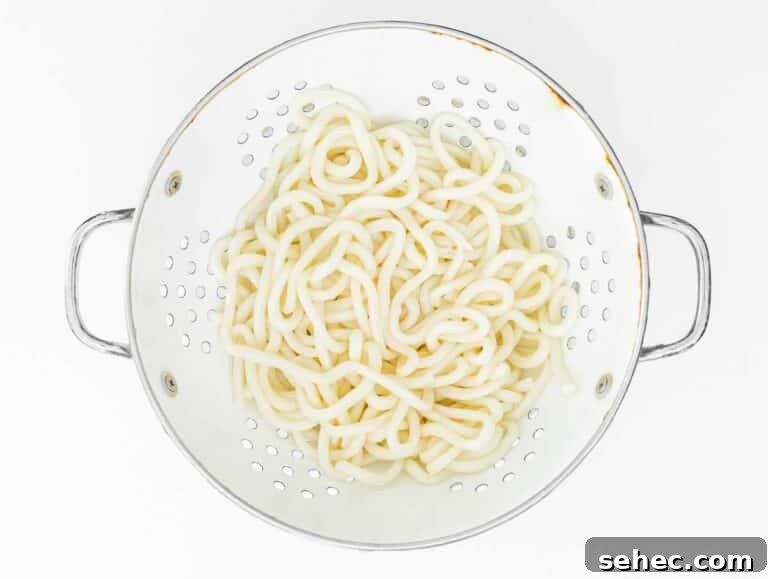Yaki Udon Stir Fried Noodles 28 cooked udon noodles in a sieve