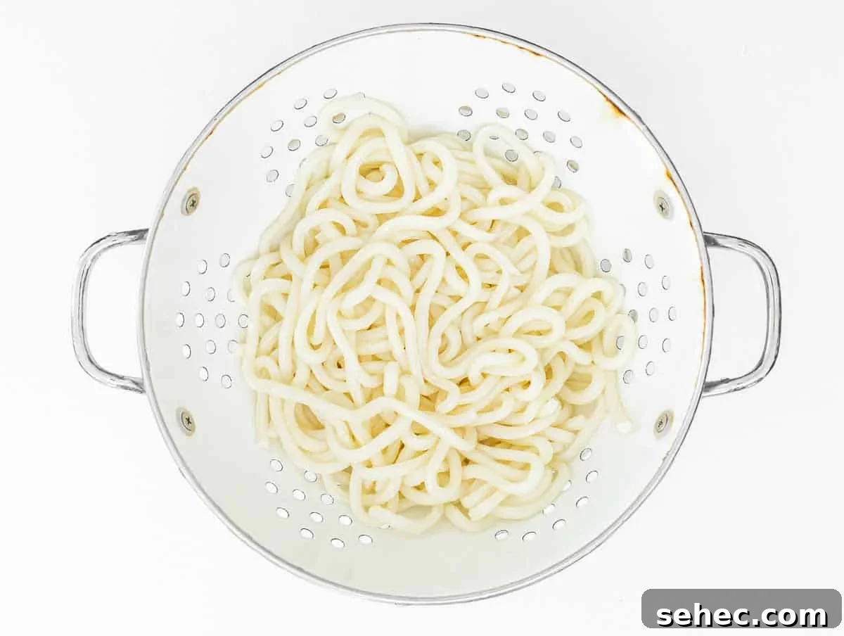 Yaki Udon Stir Fried Noodles 9 cooked udon noodles in a sieve