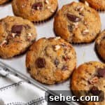 Moist Banana Chocolate Chunk Muffins 15 A close up of chocolate chip banana muffins in a metal muffin tin.