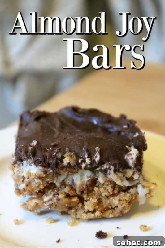 Homemade Almond Joy Bars Recipe 2 Almond Joy Bars over a square bar on a white plate