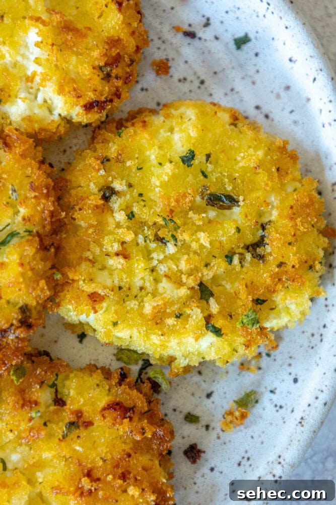 Crispy Baked Goat Cheese Balls Recipe 22 golden baked breaded goat cheese balls topped with herbs on a white speckled plate