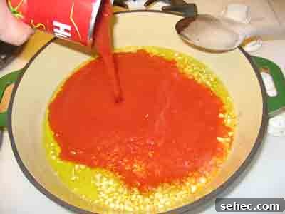 Greek Manestra Orzo in Tomato Sauce 4 For orzo or manestra, pour in a can of tomato sauce.