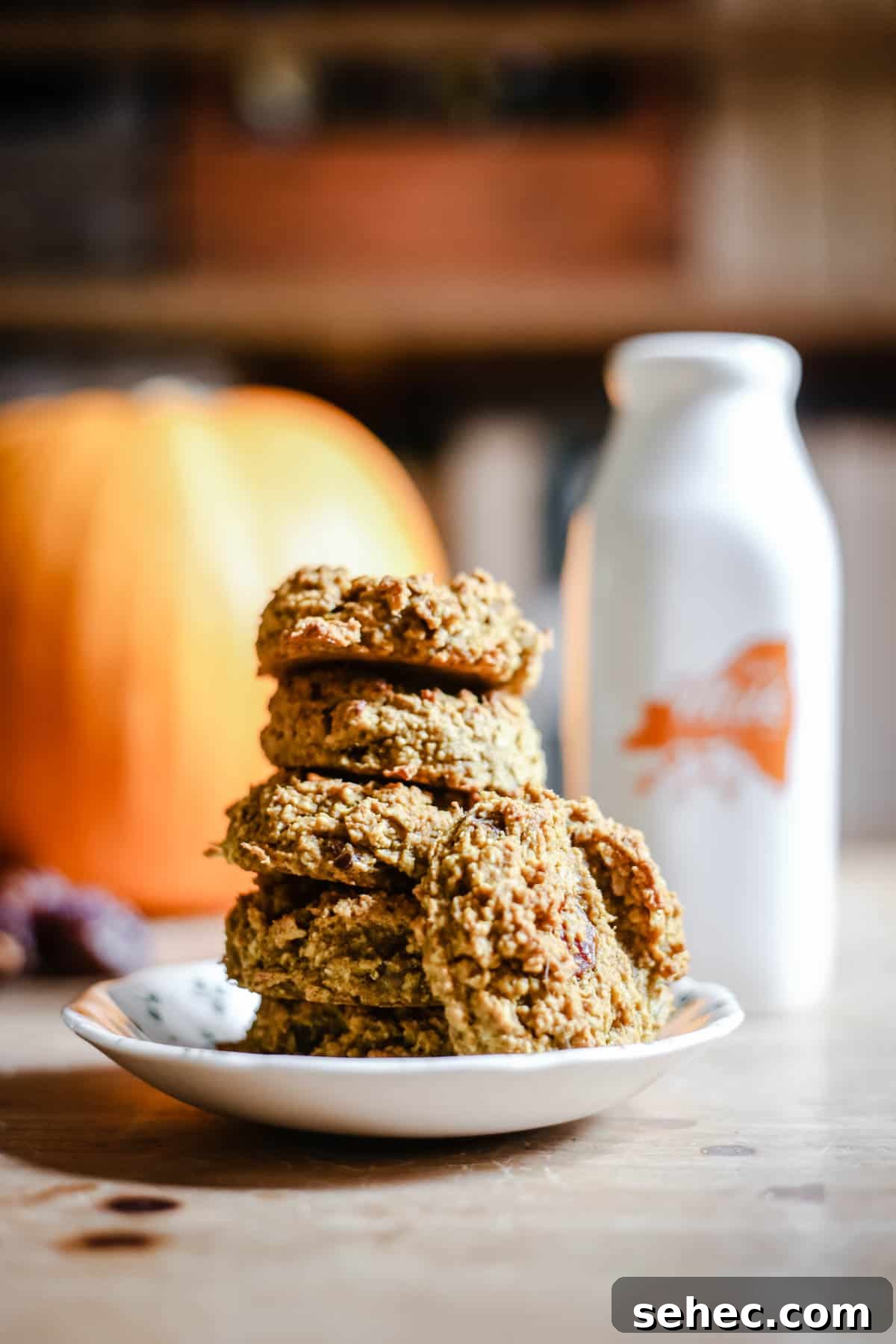 Gluten Free Pumpkin Cookies with Warm Fall Spices 6 stack of cookies in a plate on a table