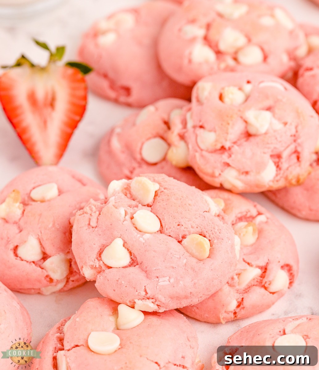 Strawberry Cake Mix Cookies with White Chocolate 2 white chocolate strawberry cake mix cookies with a strawberry