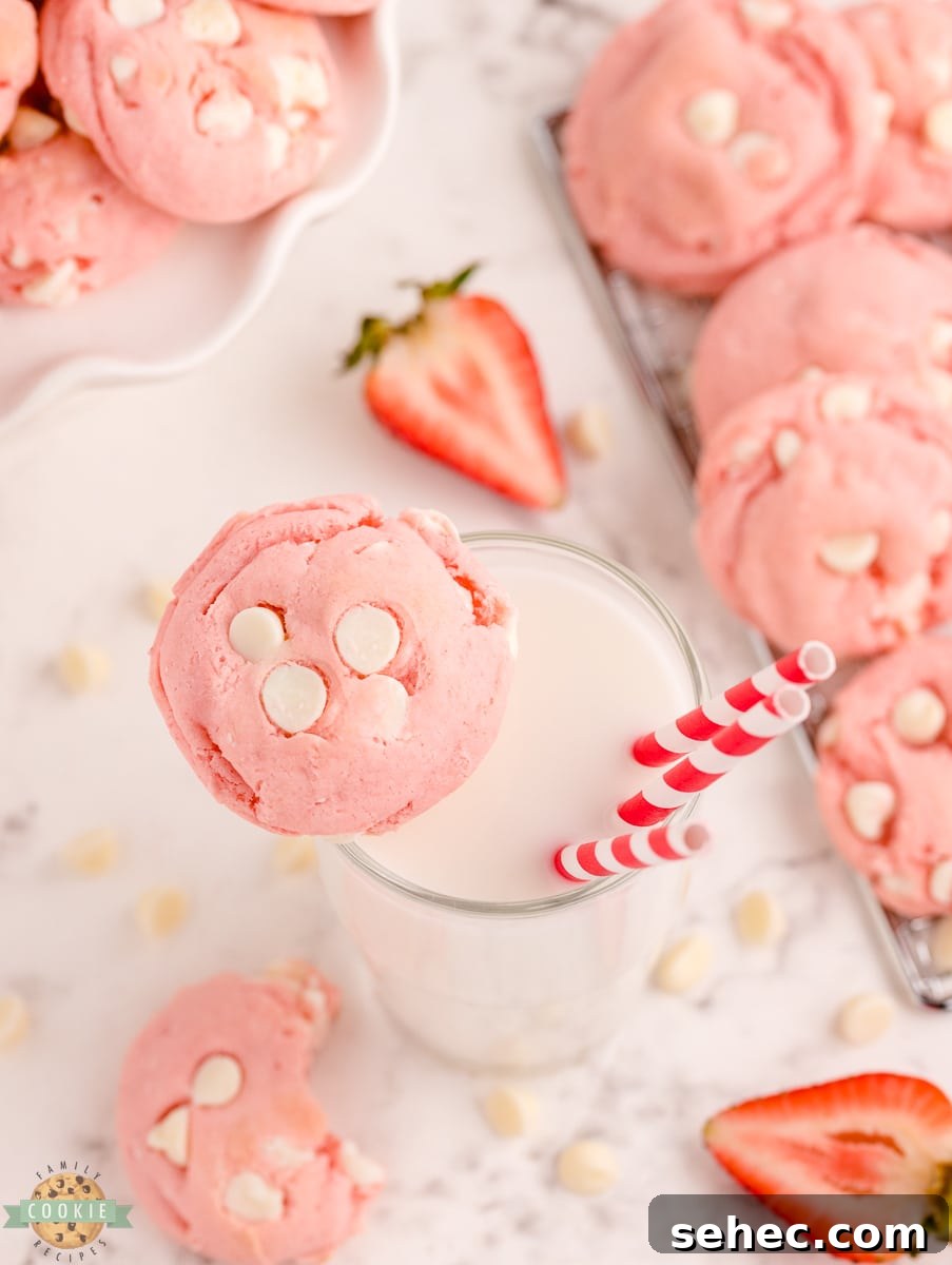 Strawberry Cake Mix Cookies with White Chocolate 7 white chocolate strawberry cake mix cookies on a plate