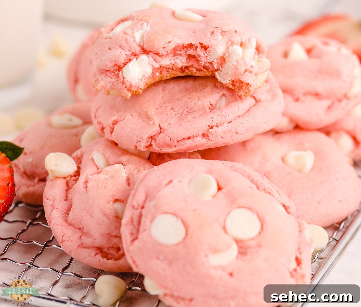 Strawberry Cake Mix Cookies with White Chocolate 8 soft strawberry cake mix cookies with white chocolate chips