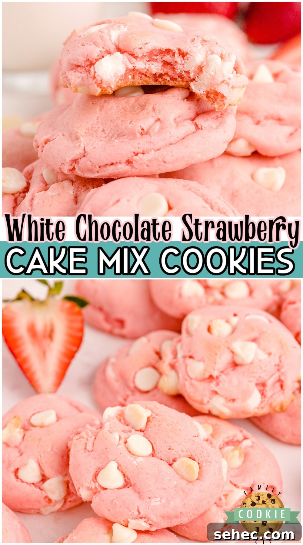 Strawberry Cake Mix Cookies with White Chocolate 9 White Chocolate Strawberry Cake Mix Cookies are soft and chewy cookies made with strawberry cake mix, eggs, melted butter and white chocolate chips.