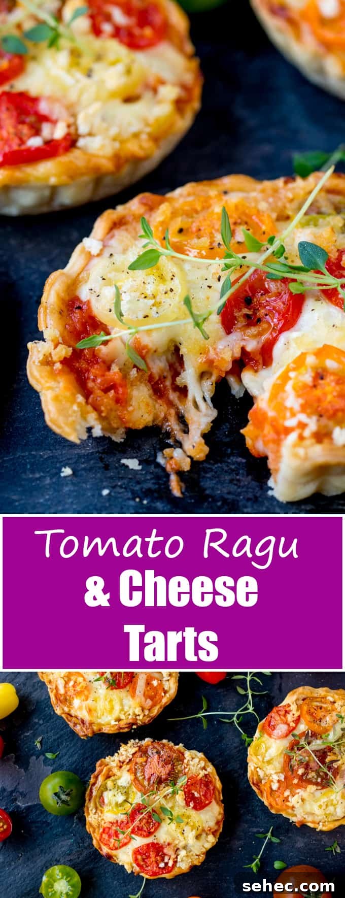Cheese and Tomato Tarts: Not Quiche 4 Cheese and Tomato Tarts with a rich tomato ragu and creamy béchamel sauce encased in shortcrust pastry. The best vegetarian lunch!