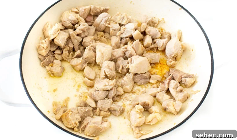 Slow Cooker Chicken Stew with Vegetables 4 Pieces of chicken in a white skillet.