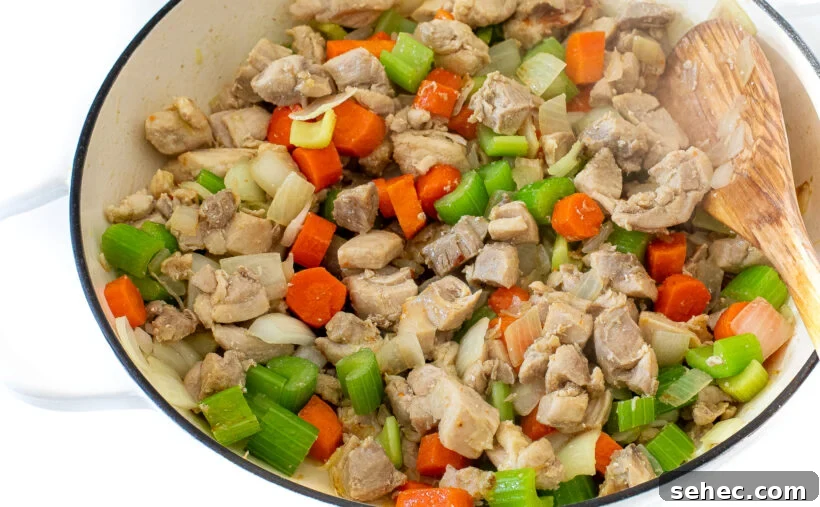 Slow Cooker Chicken Stew with Vegetables 5 Chunks of chicken, carrots, onion and celery in a white skillet with a wooden spoon stirring it.