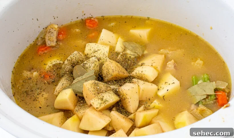 Slow Cooker Chicken Stew with Vegetables 7 The chicken stew mixture in a white slow cooker.