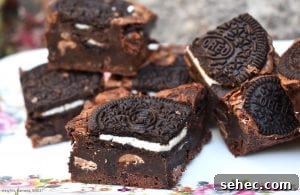Fudgy Oreo Brownies with a Rich Chocolate Center 7 Fudgy brownies topped with whole Oreo cookies