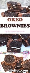 Fudgy Oreo Brownies with a Rich Chocolate Center 10 Tall stack of fudgy Oreo brownies