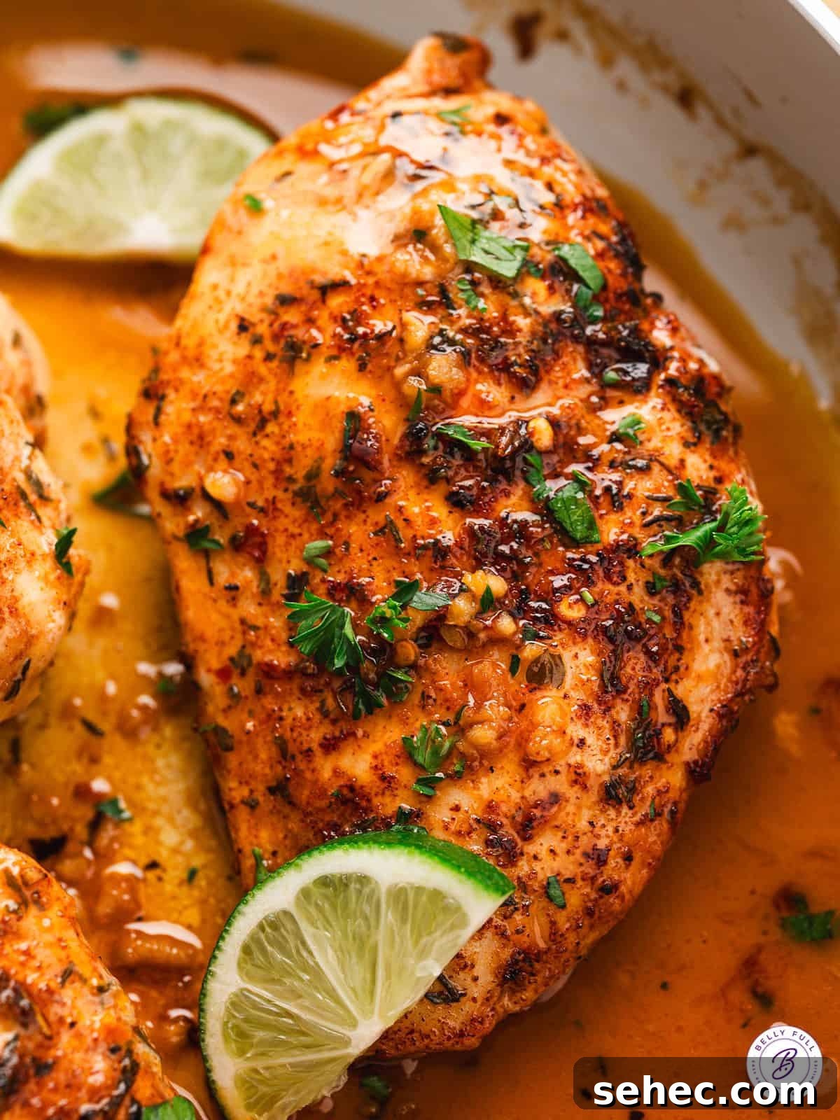 Garlic Lime Chicken with fresh lime juice and garlic. Overhead view of a lime garlic chicken breast.