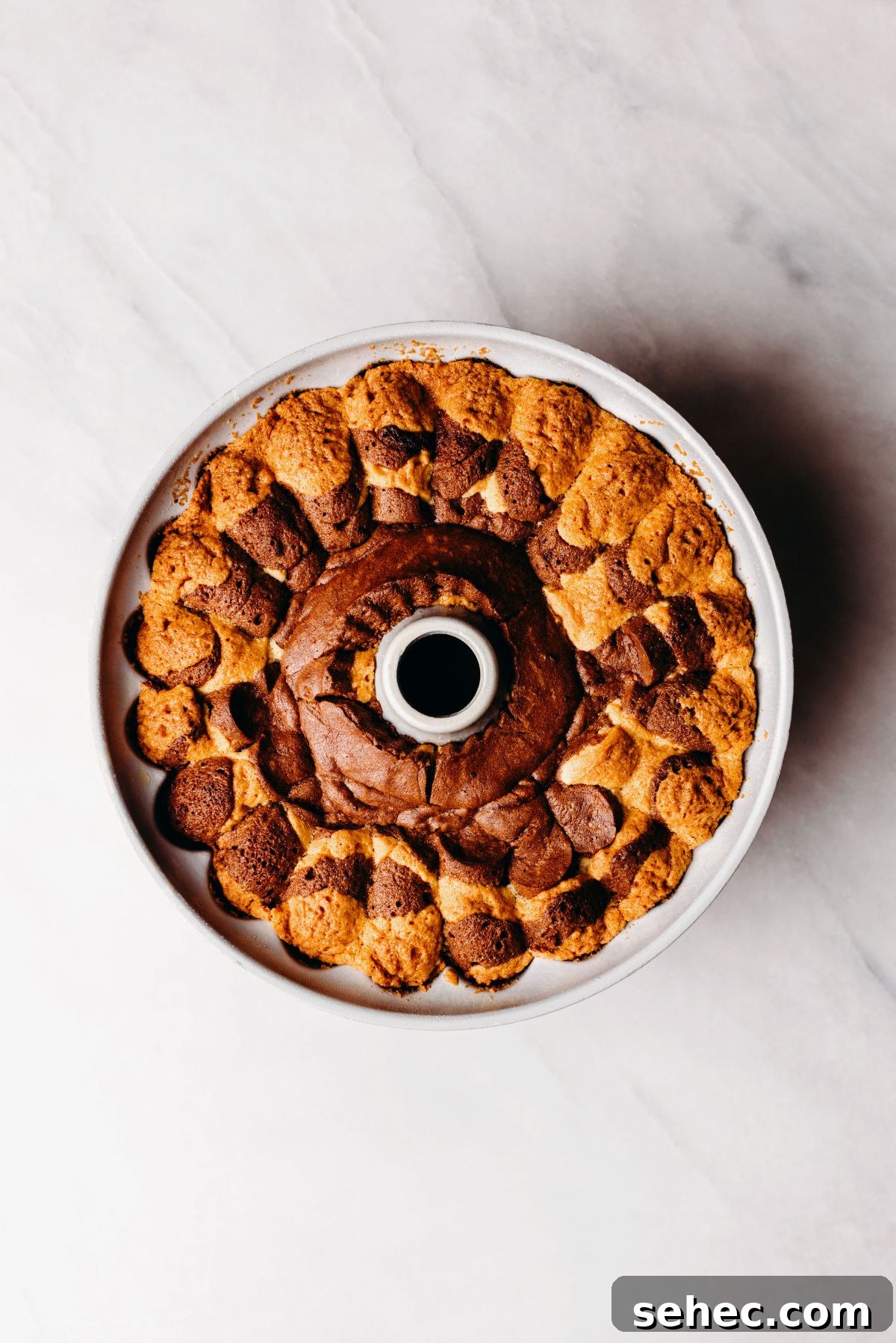 Moist Marble Bundt Cake Recipe 11 Baked marble bundt cake in a bundt cake pan on a white marbled background.