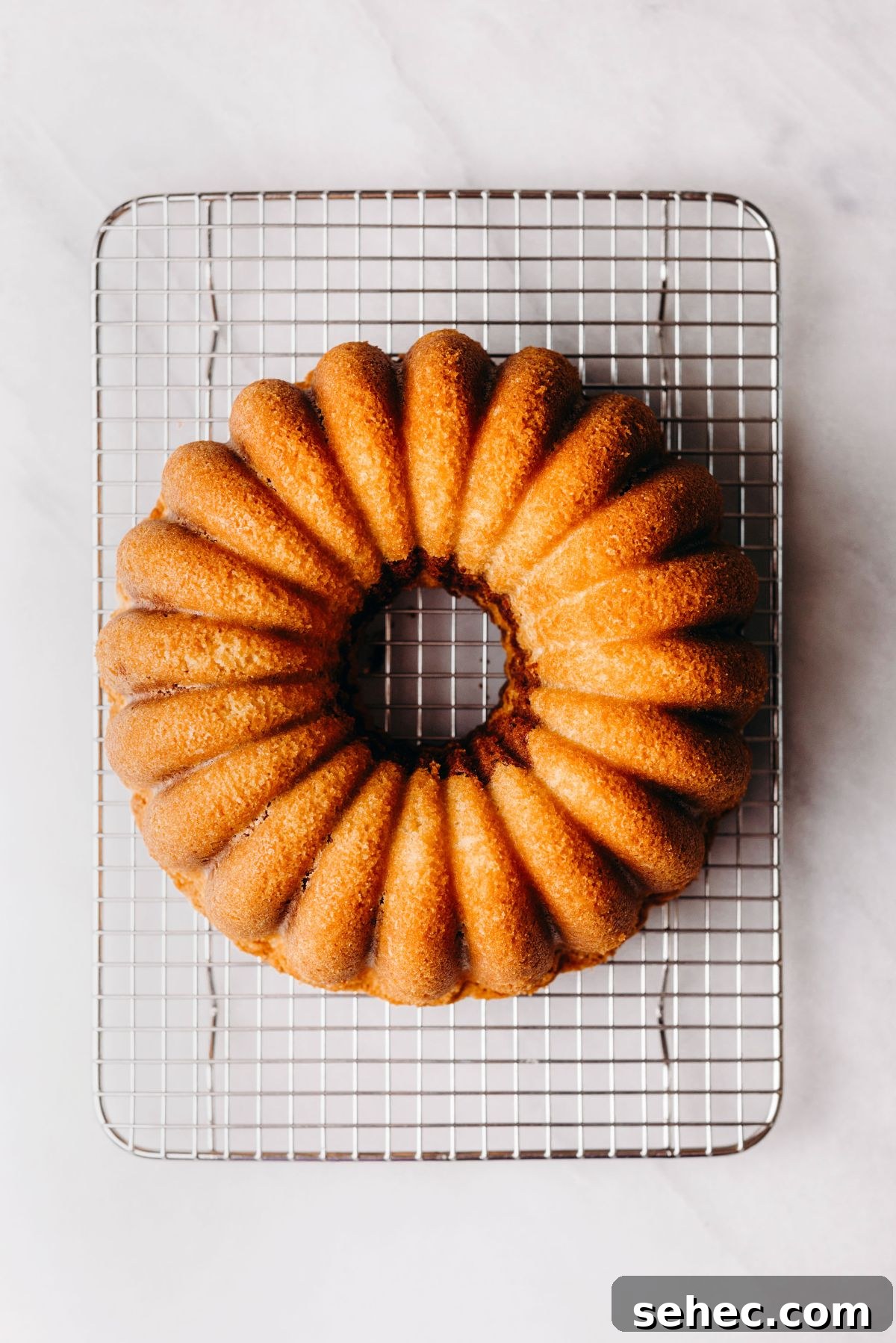 Moist Marble Bundt Cake Recipe 12 Cooling a marble bundt cake on a wire cooling rack on a white marbled background.