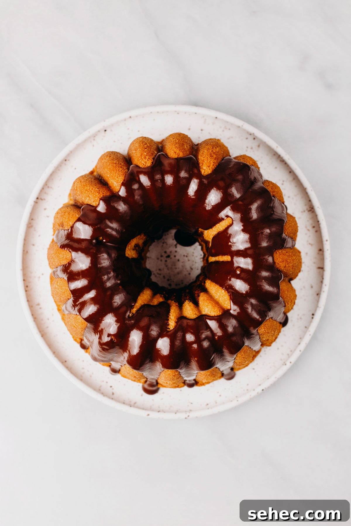 Moist Marble Bundt Cake Recipe 14 Marble bundt cake on a white dessert plate with chocolate ganache glaze poured over the top.