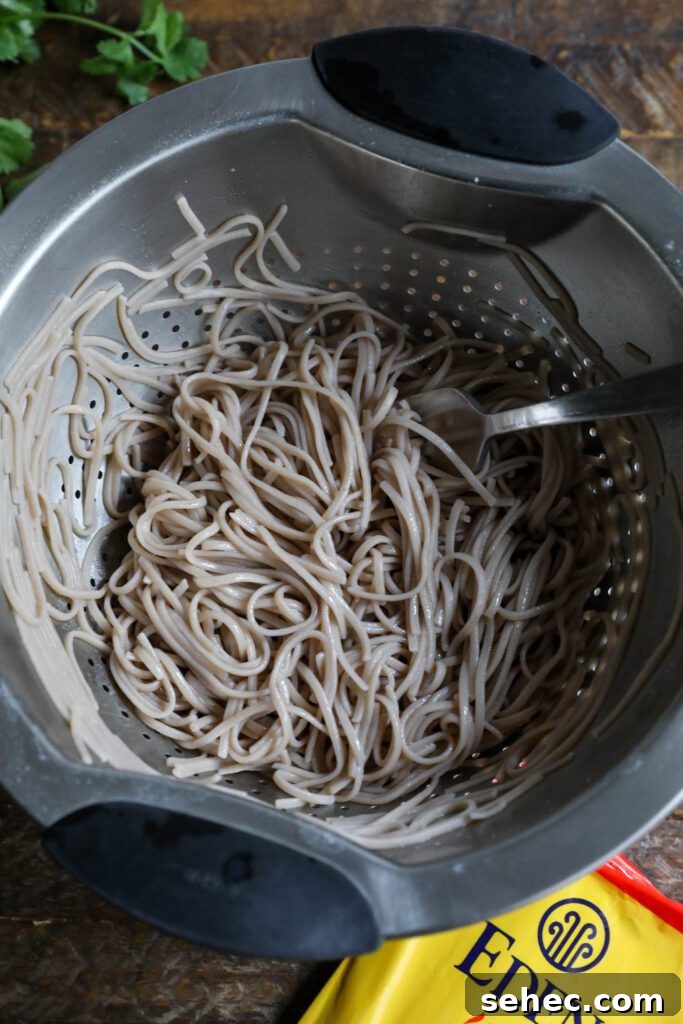 Black Sesame Noodle Bowl with Crunchy Vegetables 6 Buckwheat soba noodles in colander with fork