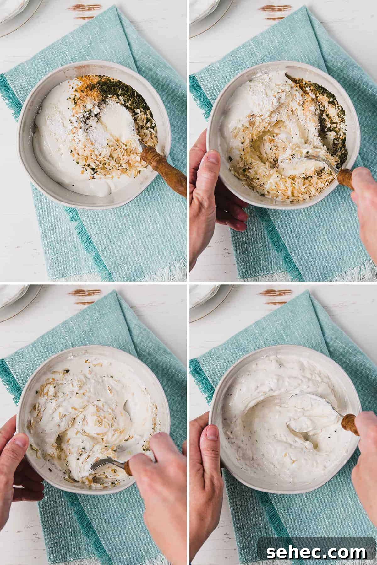 Gluten Free French Onion Chip Dip Recipe 4 Sour cream and dried spices for gluten-free onion soup mix in a bowl, stirring together.