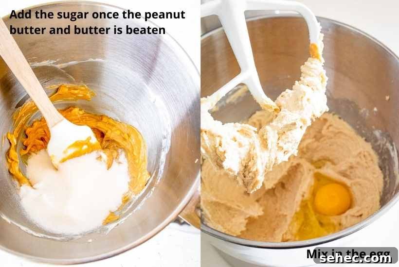White Chocolate Peanut Butter Cookies Recipe 5 Two image collage showing the cookie dough being mixed together.