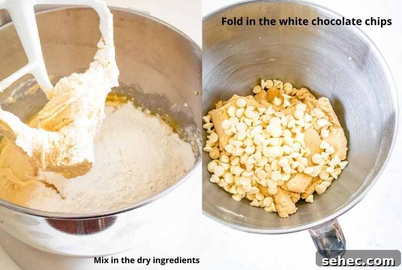 White Chocolate Peanut Butter Cookies Recipe 6 Two image collage with the dry ingredients being added in along with the white chocolate chips.