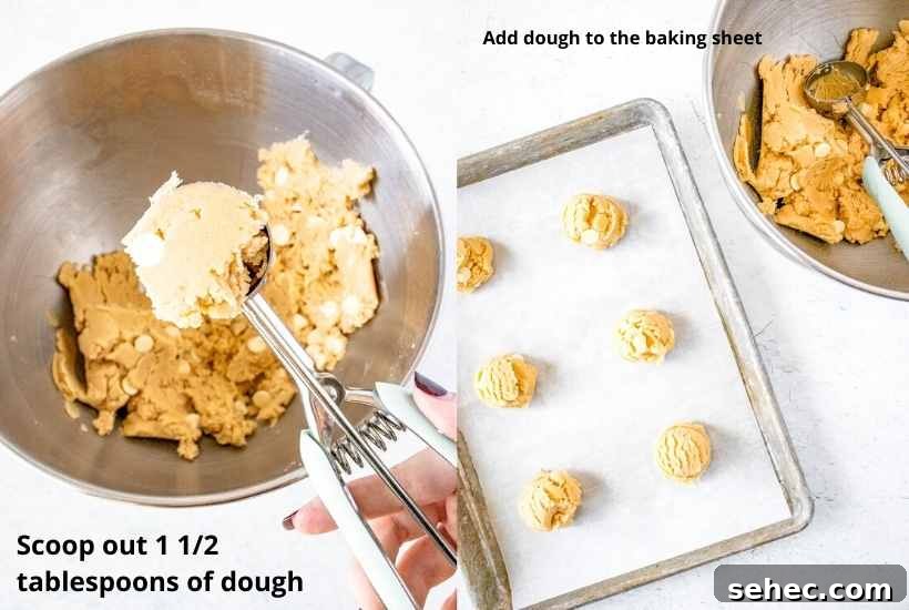 White Chocolate Peanut Butter Cookies Recipe 7 Two image collage of scooping out the peanut butter cookie dough and putting it on a baking sheet.