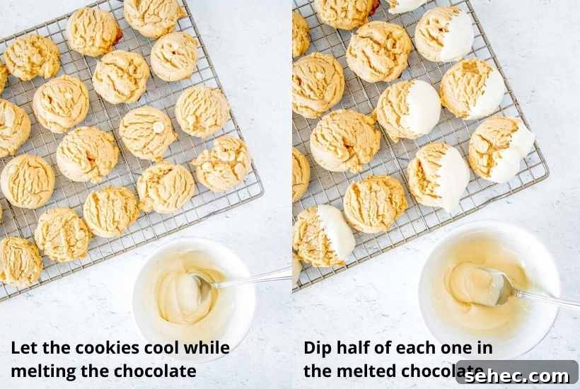 White Chocolate Peanut Butter Cookies Recipe 8 Two image collage of peanut butter cookies with white chocolate chips cooling on a wire rack then being dipped in chocolate.