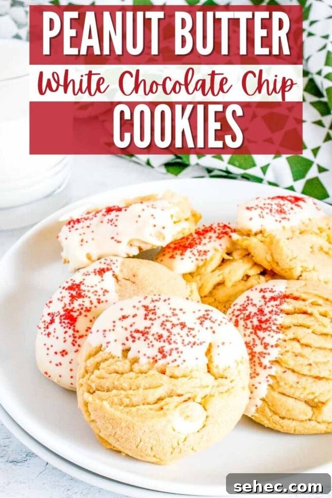 White Chocolate Peanut Butter Cookies Recipe 10 A plate filled with White Chocolate Peanut Butter Cookies next to a glass of milk with text overlay.