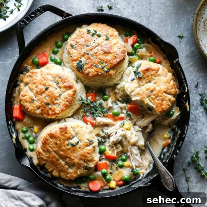 Indian Butter Chicken Recipe with Creamy Tomato Sauce 6 Chicken pot pie with biscuits in a skillet.