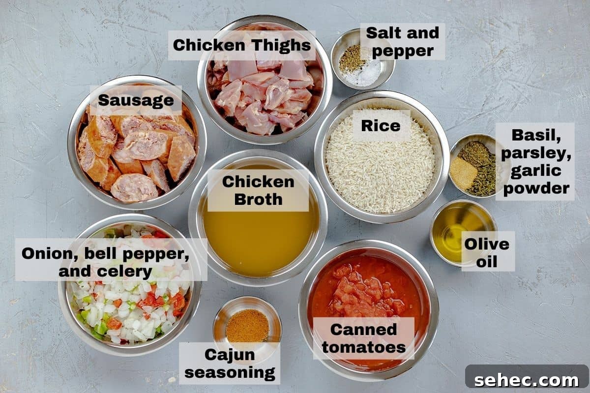 Cajun Chicken and Sausage Jambalaya Recipe 3 Photo collage of all ingredients measured out in individual bowls on counter top.
