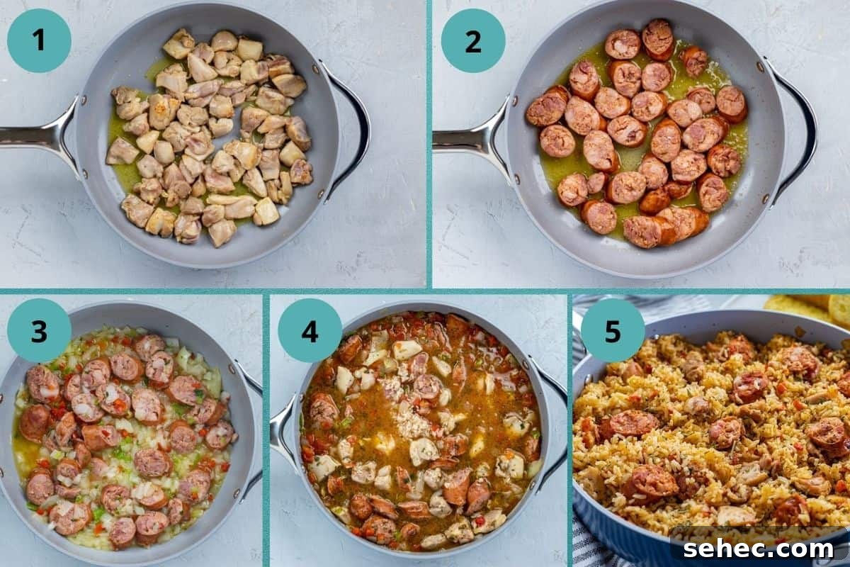 Cajun Chicken and Sausage Jambalaya Recipe 4 Photo collage of recipe steps.