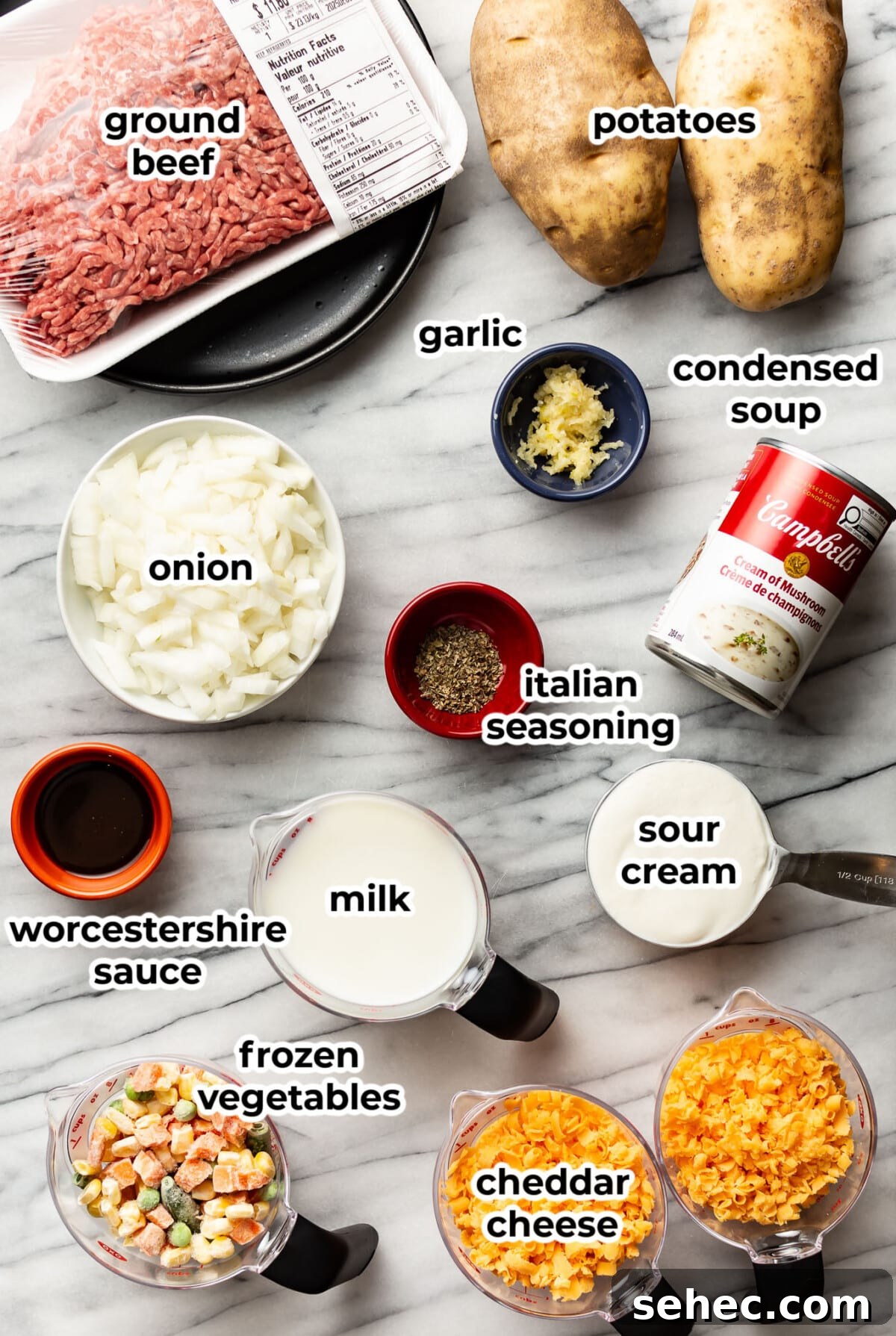 Cheesy Ground Beef Potato Casserole 3 ingredients for ground beef and potato casserole in prep bowls