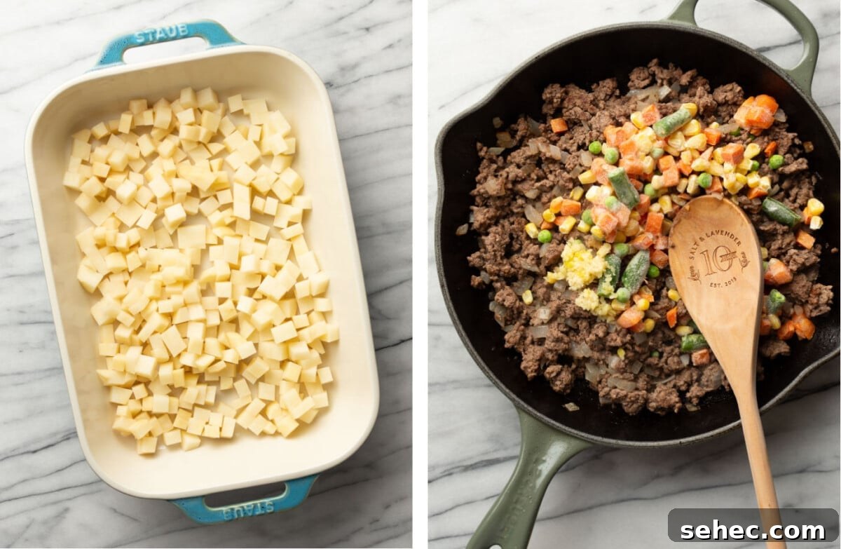 Cheesy Ground Beef Potato Casserole 4 adding potatoes to a baking dish and sauteing ground beef in a skillet