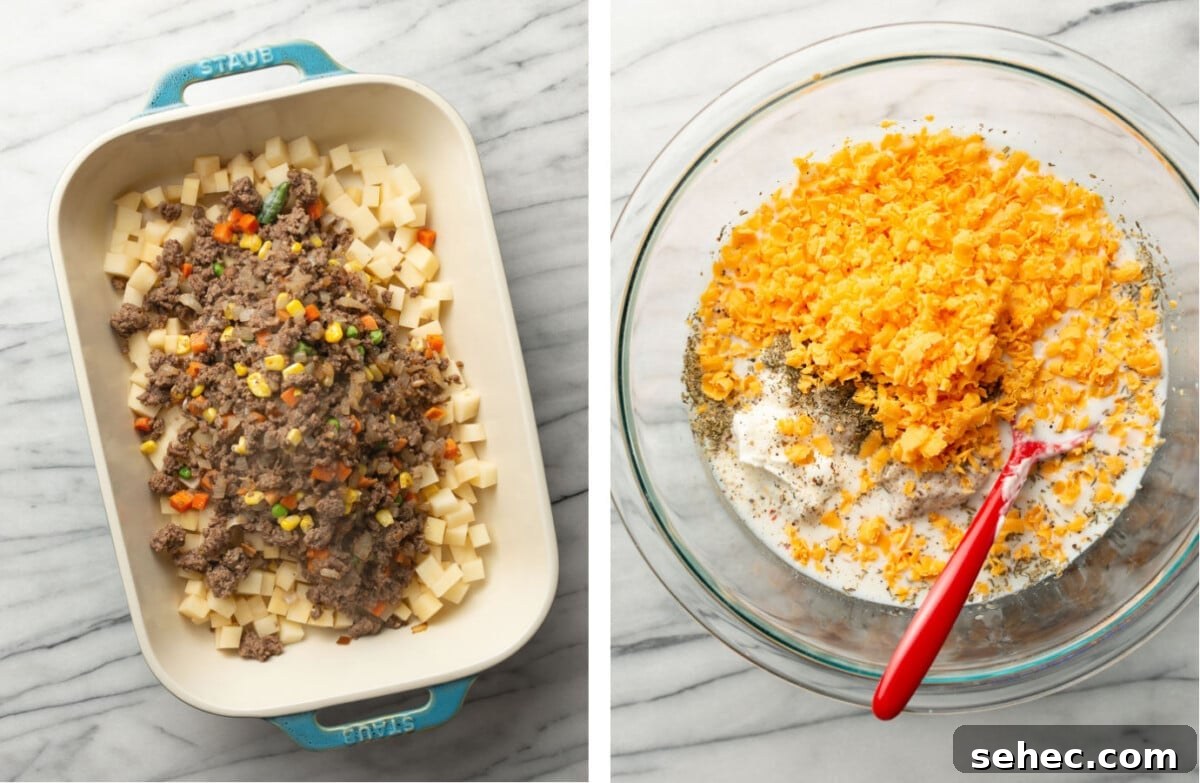 Cheesy Ground Beef Potato Casserole 5 adding ground beef to a skillet and mixing cheesy sauce in a prep bowl