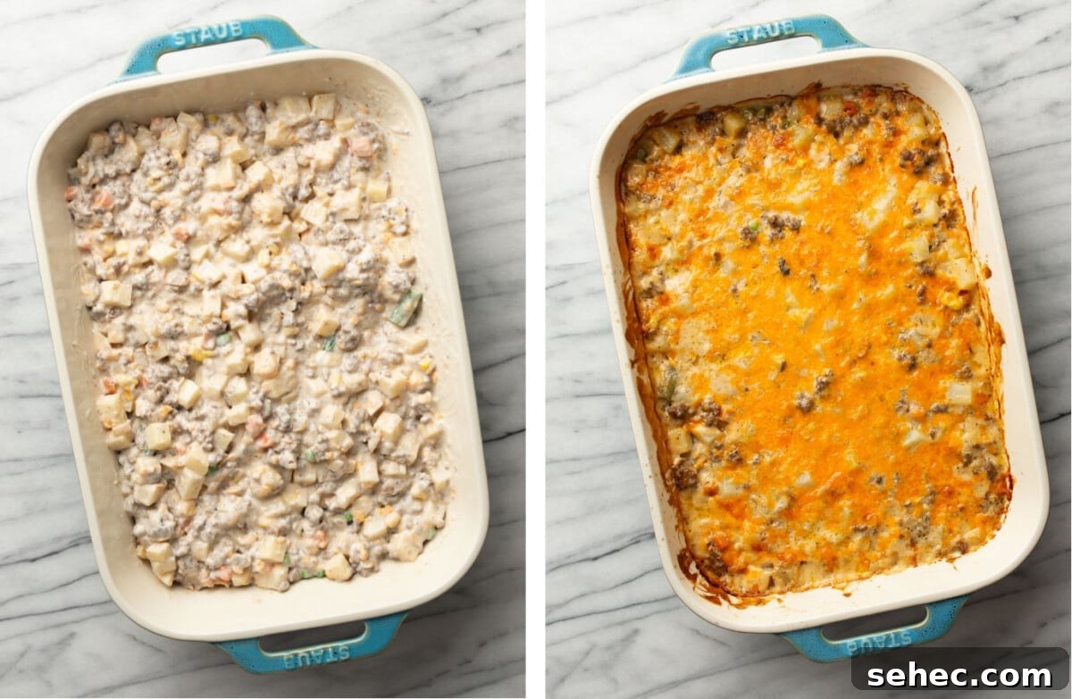 Cheesy Ground Beef Potato Casserole 6 ground beef and potatoes casserole before and after baking