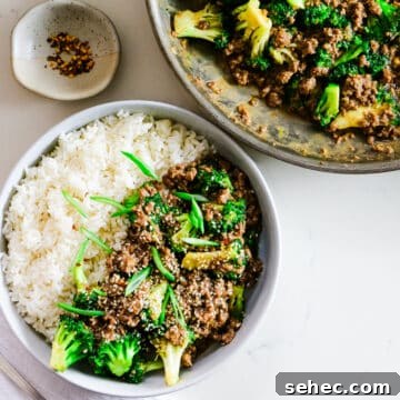 Ground beef with broccoli and rice on a plate, with extra ground beef, broccoli in a pan, and spices on the side.