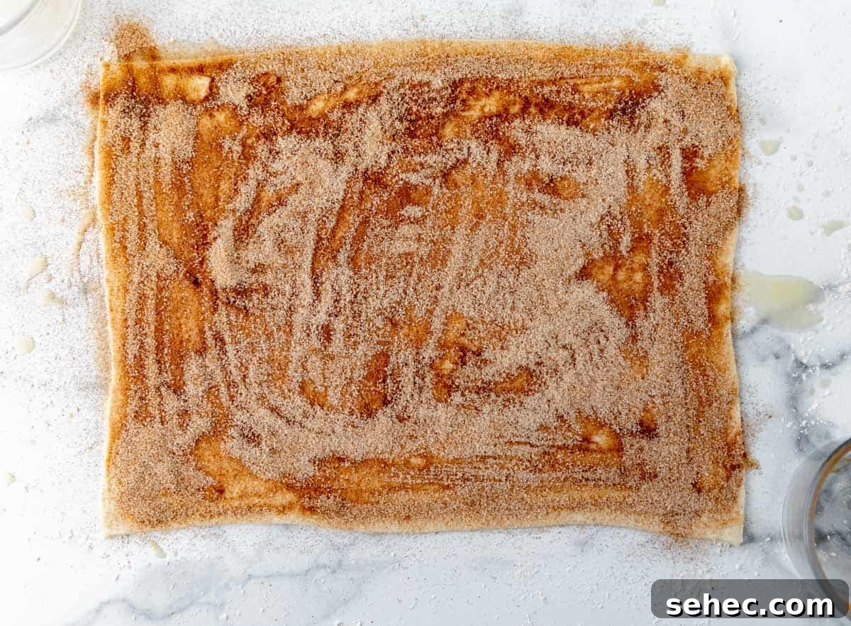 Cinnamon Sugar Puff Pastry Twists 4 Butter and cinnamon sugar spread on puff pastry.