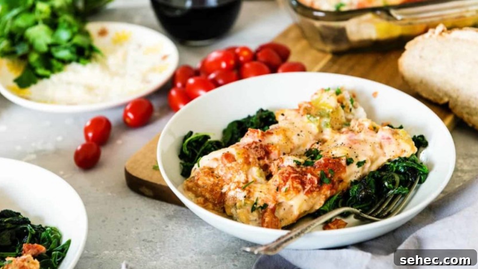 Manicotti stuffed with tender veal and Florentine filling baked until the pasta edges brown and sauce bubbles.