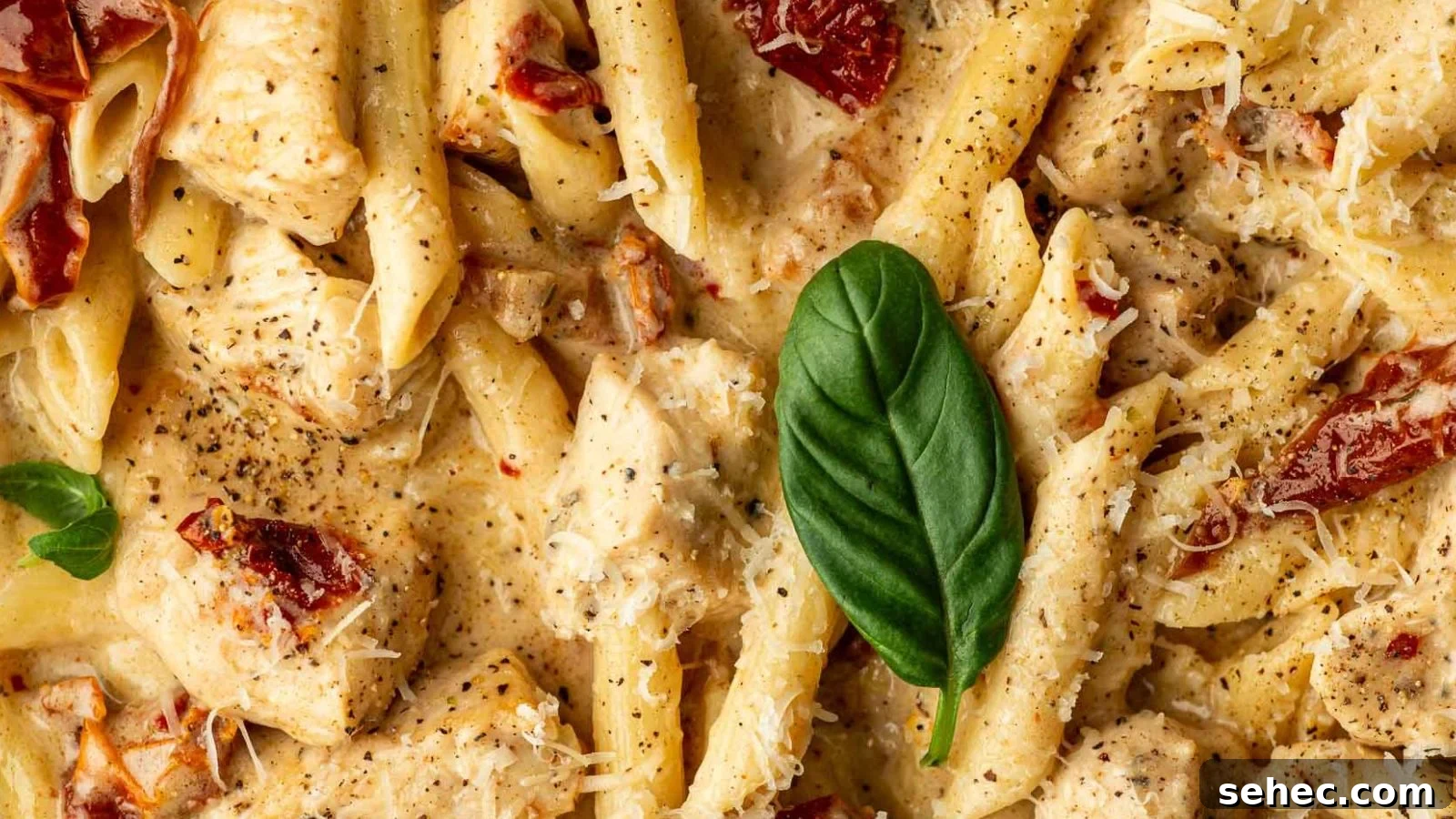 Pasta tossed with tender chicken in a creamy, seasoned sauce.
