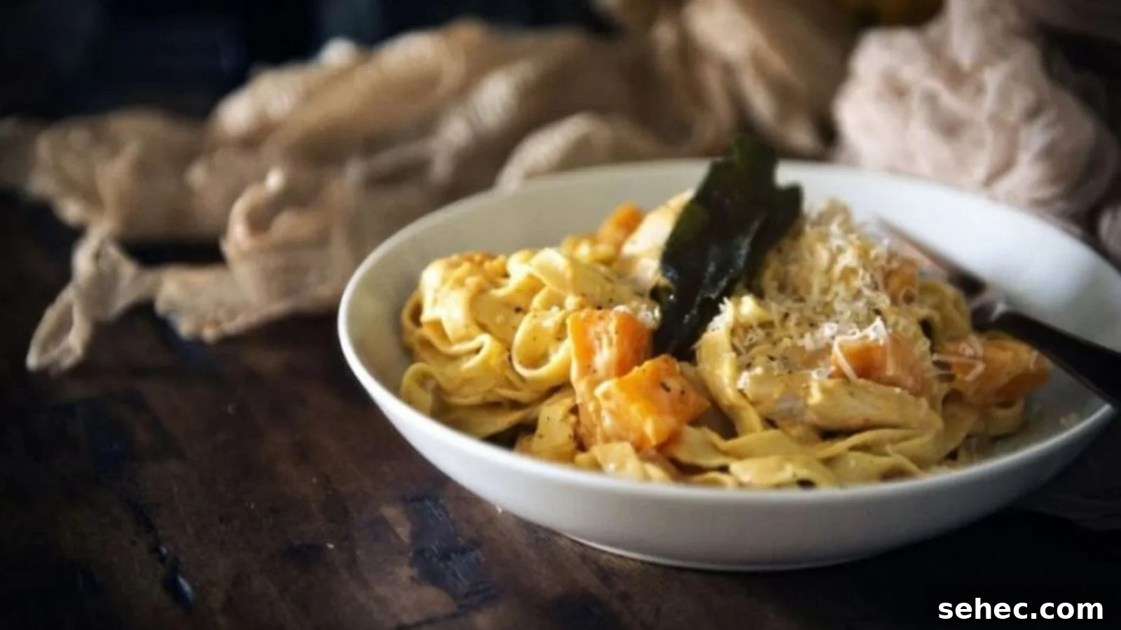 Pumpkin Alfredo creamy with roasted squash mixed with shredded turkey.