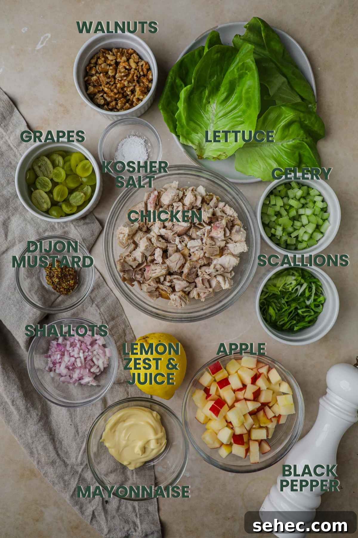 Ingredients for chicken salad lettuce wrap cup, chicken, walnuts, scallions, mayo, grapes, lemon zest juice, shallots, dijon mustard, celery, apple, salt, pepper, lettuce.