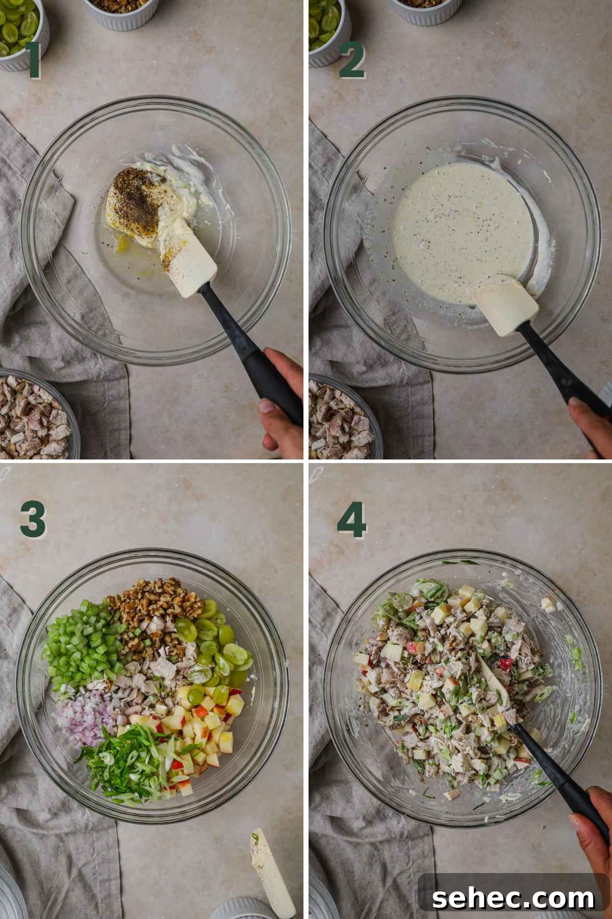Steps to make chicken salad lettuce wrap cups, mix mayo, lemon juice and zest, dijon; toss in chicken, walnuts, grapes, apple, scallions, shallot, celery.