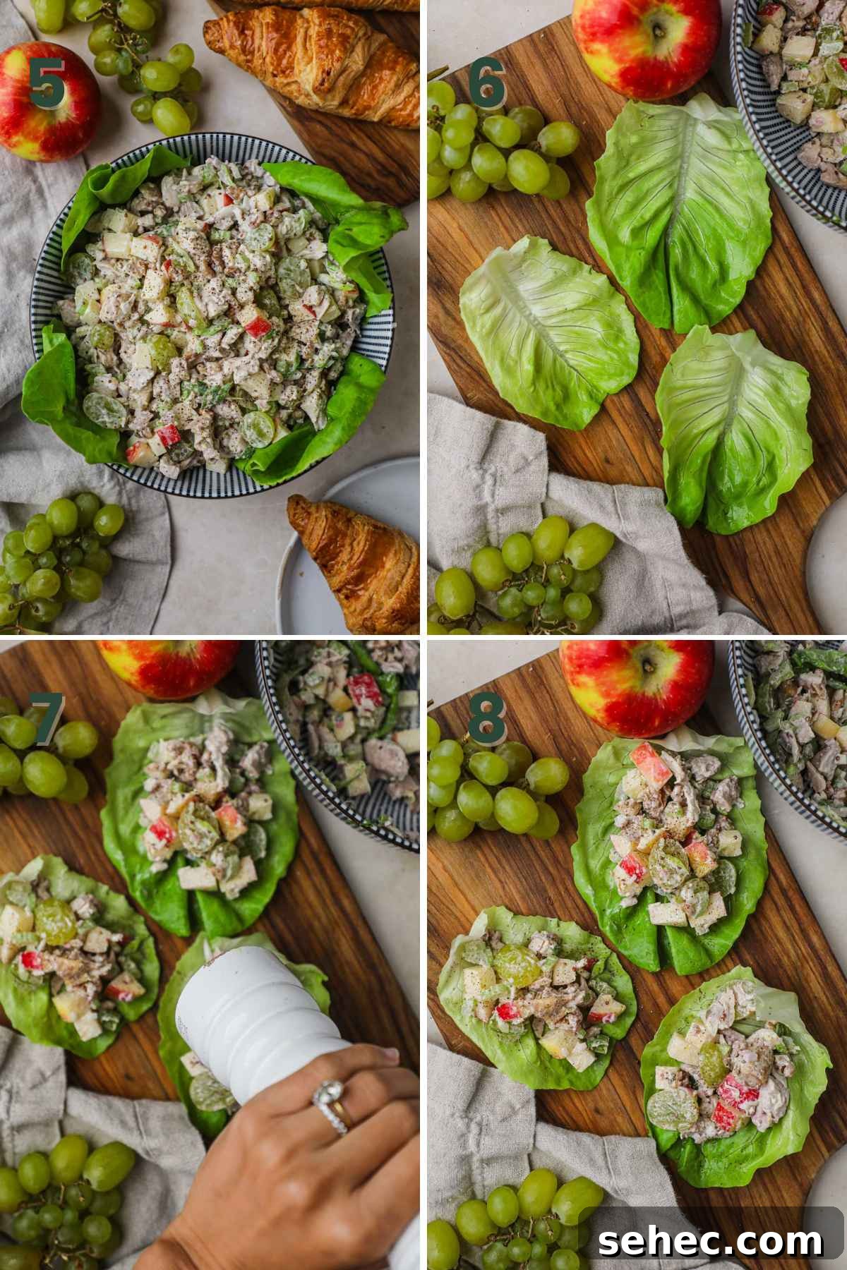 Steps to make chicken salad lettuce wraps, lay out lettuce leaves, add a scoop of chicken salad, sprinkle with black pepper and serve.