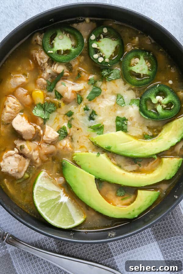 Dairy Free Instant Pot White Chicken Chili 9 overhead shot of a bowl of instant pot white chicken chili (dairy-free)