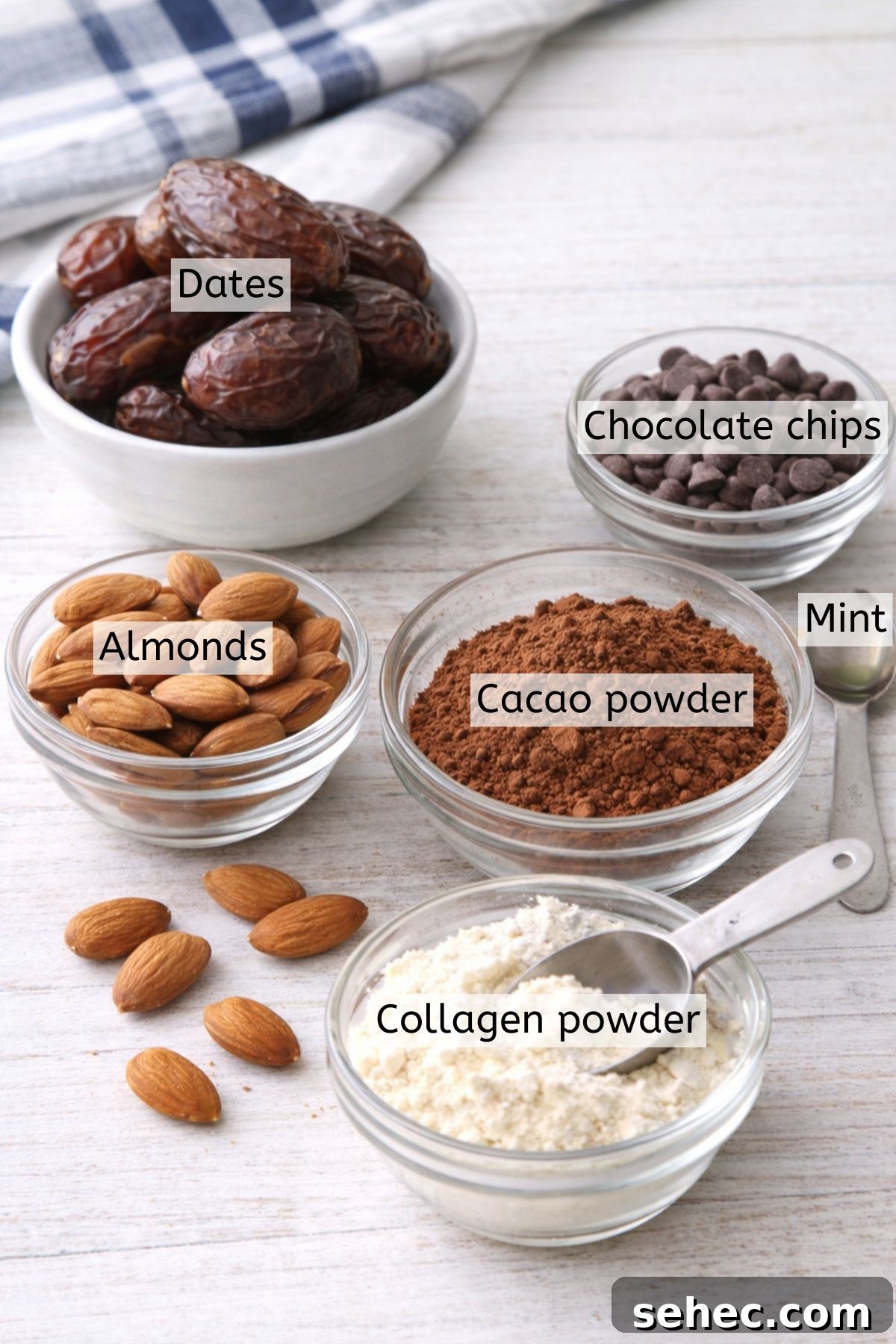 Dairy Free Chocolate Mint Protein Bars Recipe 3 Almonds, cacao powder, collagen, and dates in bowls with text labels over top.